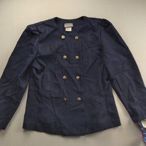 TINA BARRIE Womens Blazer Size 10P Navy Blue Textured Gold Button VTG Jacket NWT